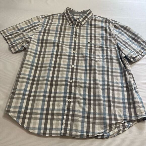 Lacoste Grey Blue White Plaid Gingham Short Sleeve Button Down Shirt Size 45 - Picture 1 of 6